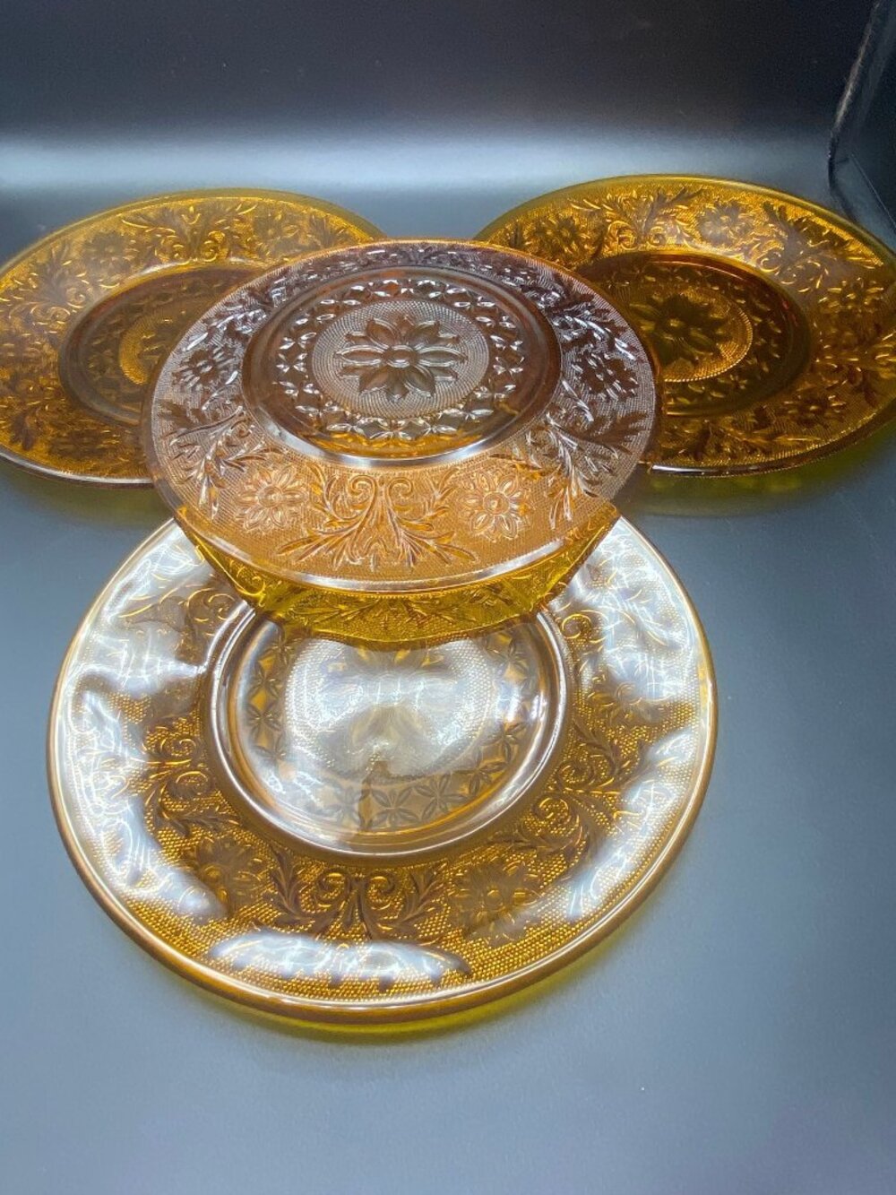 Tiara Amber Sandwich Glass Saucers